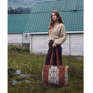 Myra Bag Handmade Camilla Weekender Bag Upcycled Canvas & Cowhide Leather